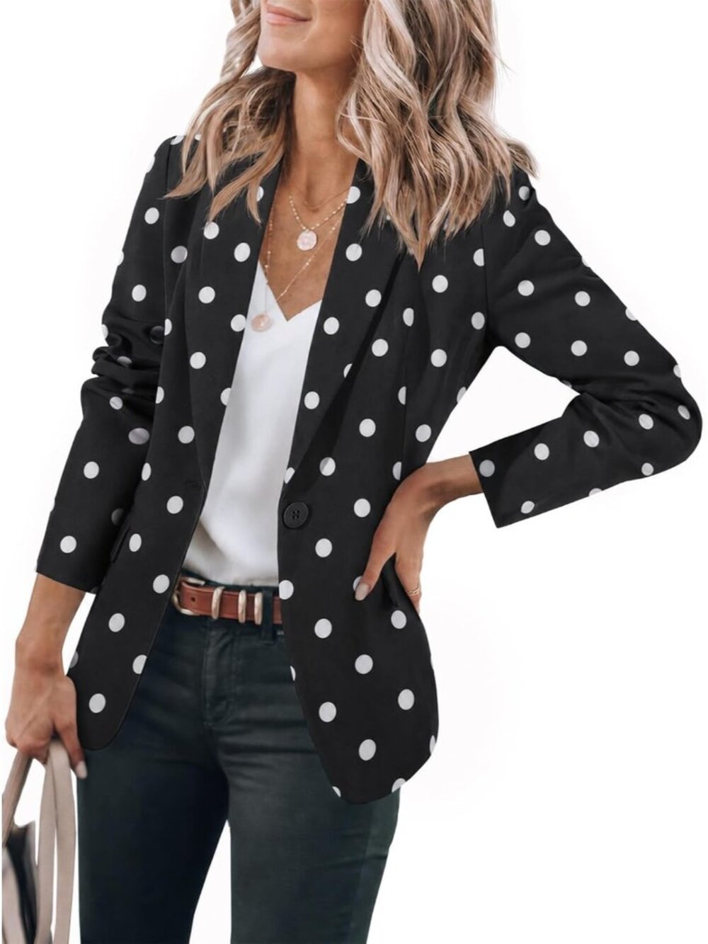 🆕Women's Polka Dots Casual Notch Lapel Work Office Business Blazer Suit Jacket
